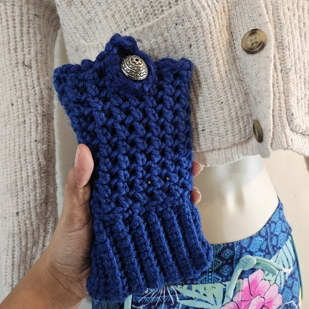 Hand Crafted hand knit crochet phone handbag color electric blue handmade beaded